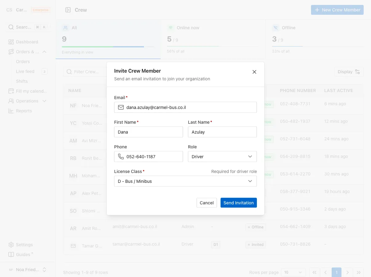 The Invite Crew Member dialog filled in with email, name, phone, role and license class