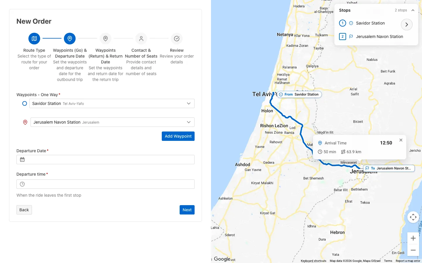 New order wizard with stops from Savidor Station to Jerusalem Navon Station, the route drawn on the map with 63.9 km distance and travel time