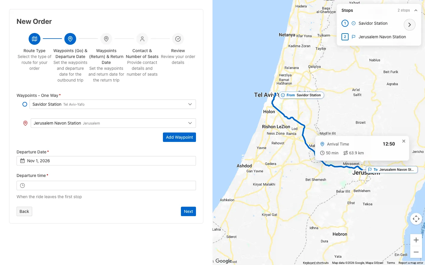 The departure date Nov 1, 2026 filled in, with the route drawn on the map