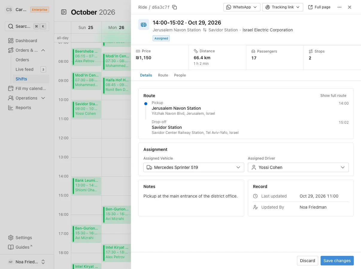 Ride drawer over the week calendar: route, price, distance and passengers, with the Assignment card holding the vehicle and driver pickers