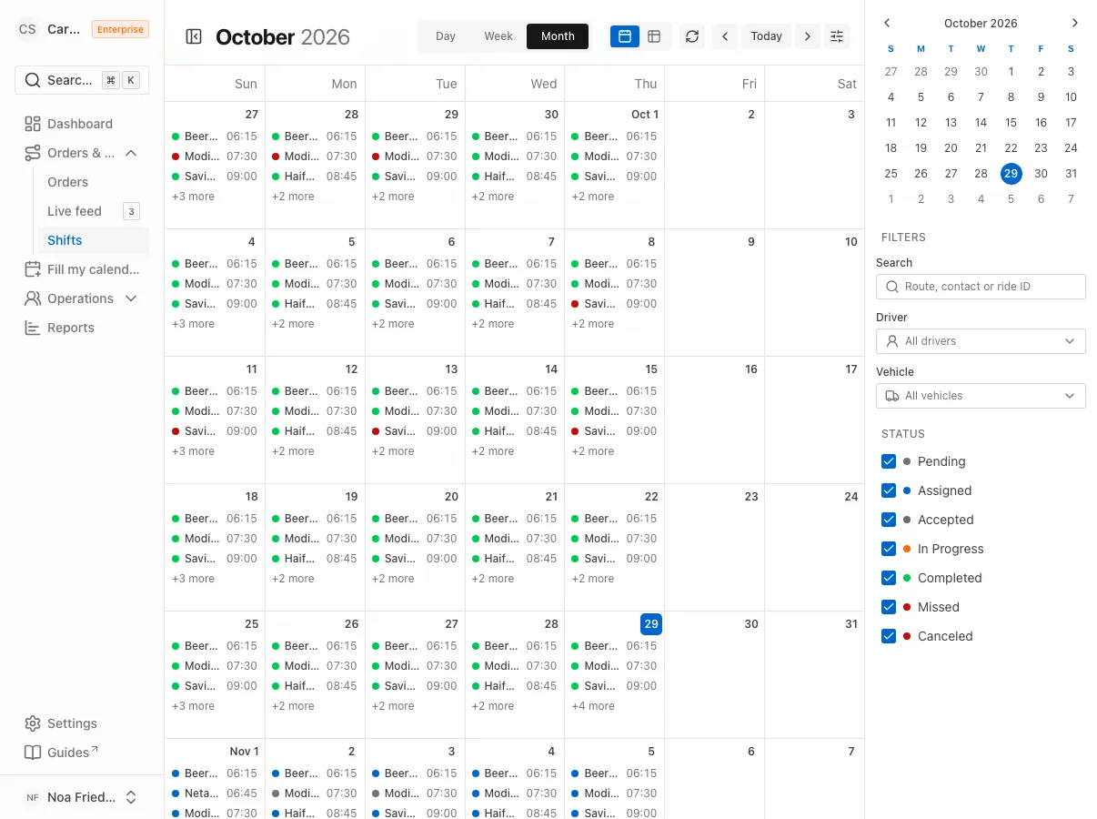 The shifts page in month view, with the calendar and table view buttons at the top